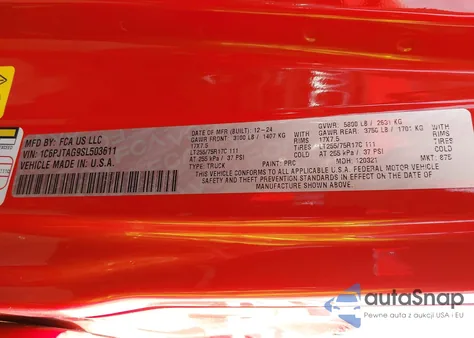 2025 Jeep Gladiator Texas Trail z USA, uszkodzony, nr VIN 1C6PJTAG9SL503611